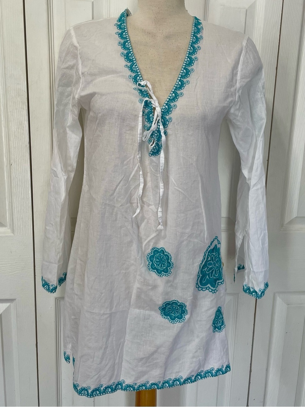 White Tunic Swim Cover-Up with Teal Embroidery